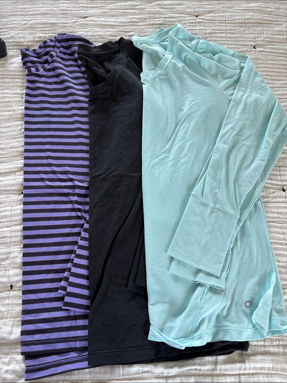 GapFITStriped Purple Top, Black Tee & Light Aqua Long Sleeve Set